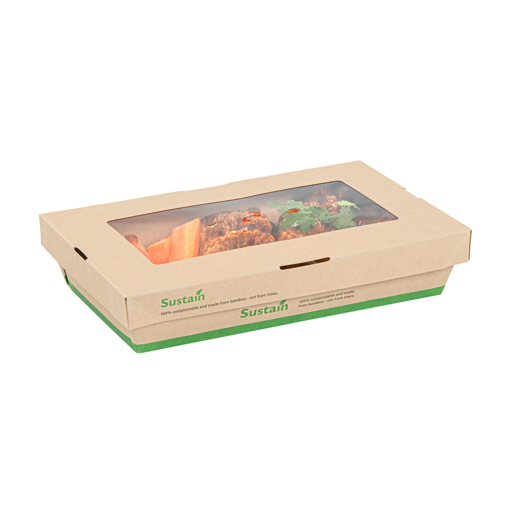 Sustain 34 oz Bamboo Paper Large Take Out Container - with PLA Lining and Window, Compostable - 8 1/2" x 5 1/4" x 1 1/2" - 200 count box