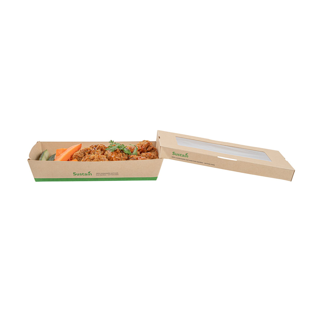 Sustain 34 oz Bamboo Paper Large Take Out Container - with PLA Lining and Window, Compostable - 8 1/2" x 5 1/4" x 1 1/2" - 200 count box