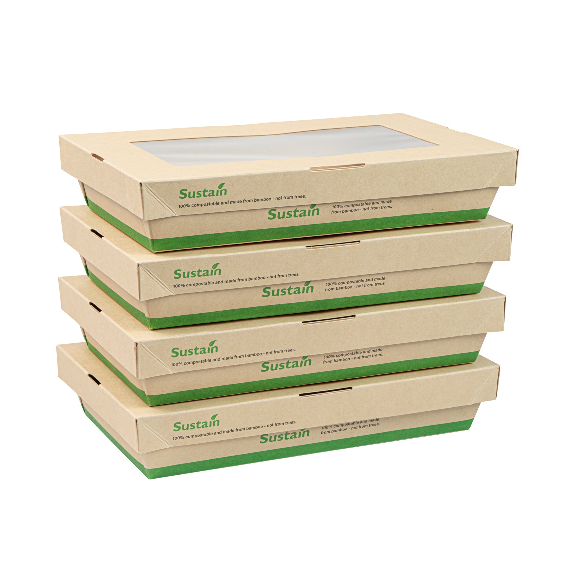 Sustain 34 oz Bamboo Paper Large Take Out Container - with PLA Lining and Window, Compostable - 8 1/2" x 5 1/4" x 1 1/2" - 200 count box