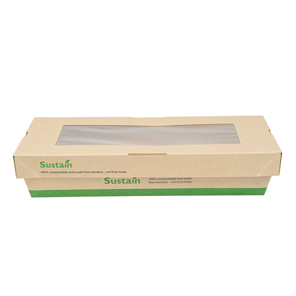 Sustain 34 oz Bamboo Paper Large Take Out Container - with PLA Lining and Window, Compostable - 8 1/2" x 5 1/4" x 1 1/2" - 200 count box