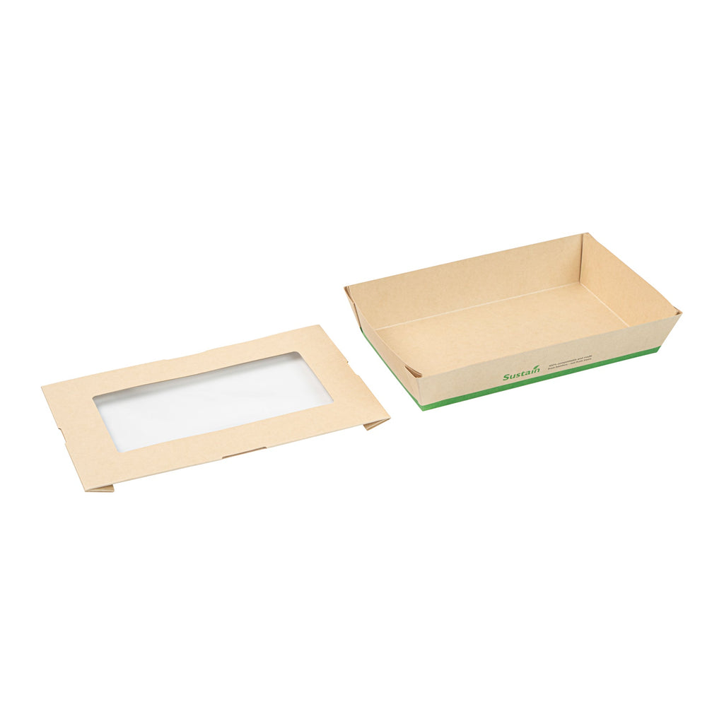 Sustain 34 oz Bamboo Paper Large Take Out Container - with PLA Lining and Window, Compostable - 8 1/2" x 5 1/4" x 1 1/2" - 200 count box