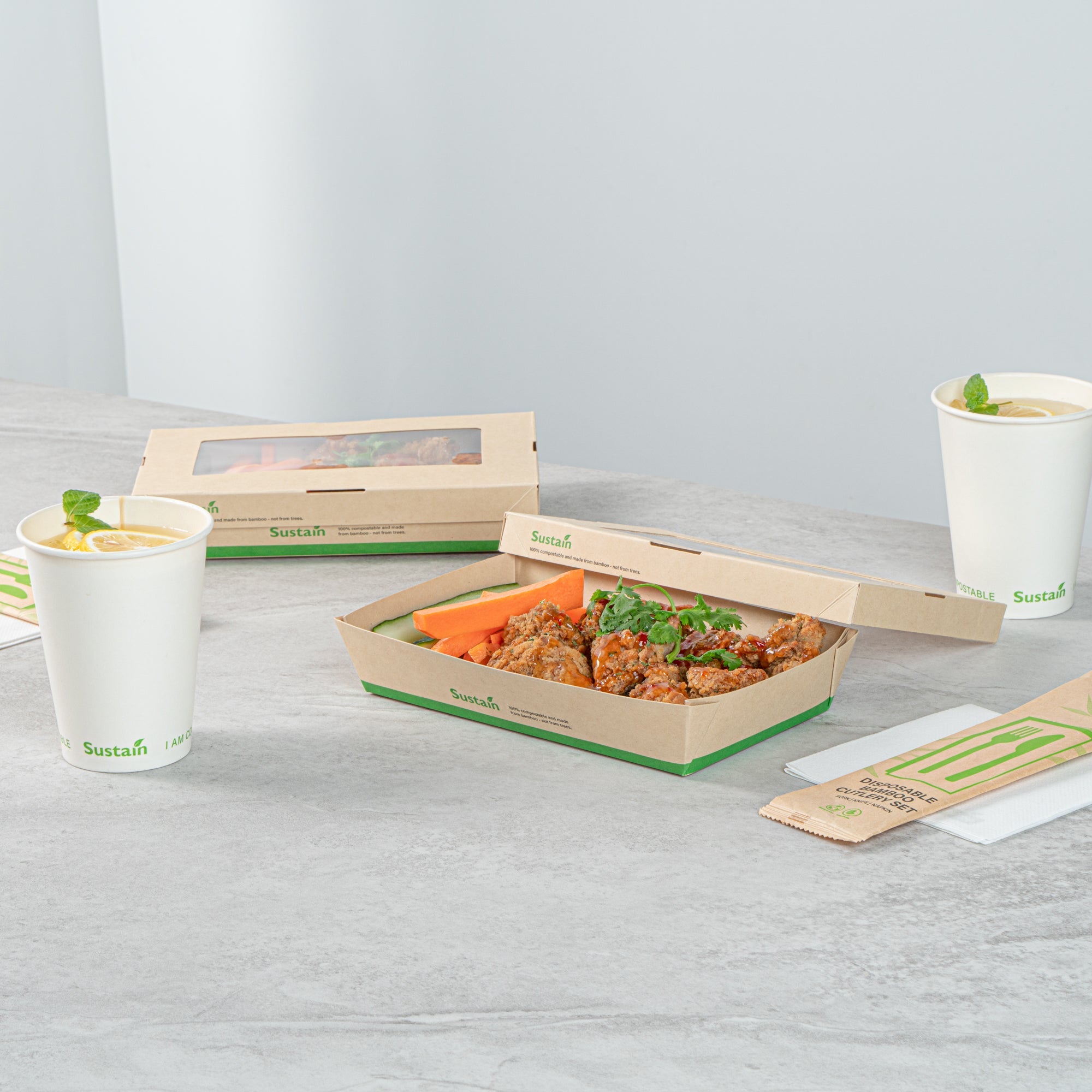 Sustain 34 oz Bamboo Paper Large Take Out Container - with PLA Lining and Window, Compostable - 8 1/2" x 5 1/4" x 1 1/2" - 200 count box