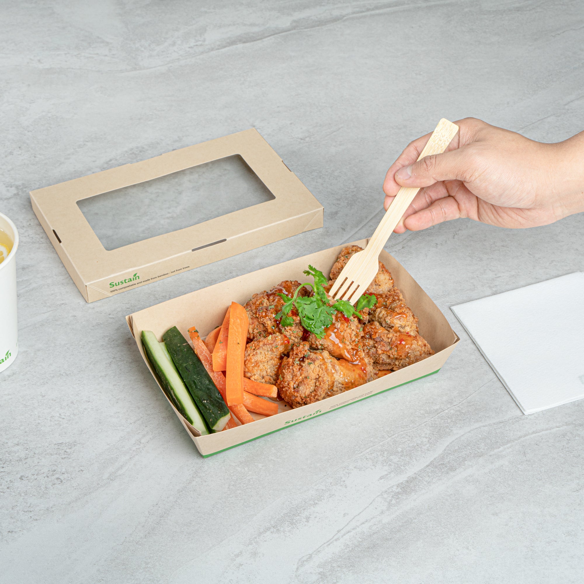 Sustain 34 oz Bamboo Paper Large Take Out Container - with PLA Lining and Window, Compostable - 8 1/2" x 5 1/4" x 1 1/2" - 200 count box