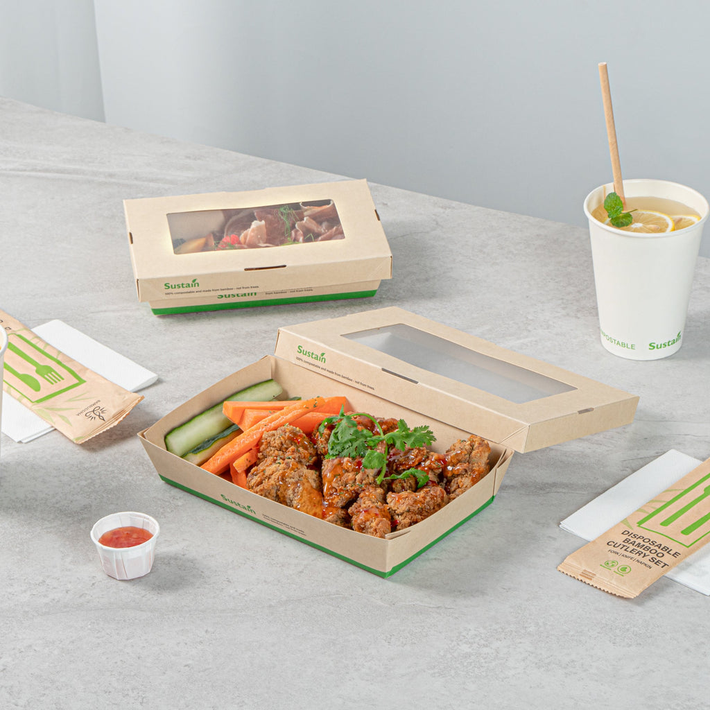 Sustain 34 oz Bamboo Paper Large Take Out Container - with PLA Lining and Window, Compostable - 8 1/2" x 5 1/4" x 1 1/2" - 200 count box