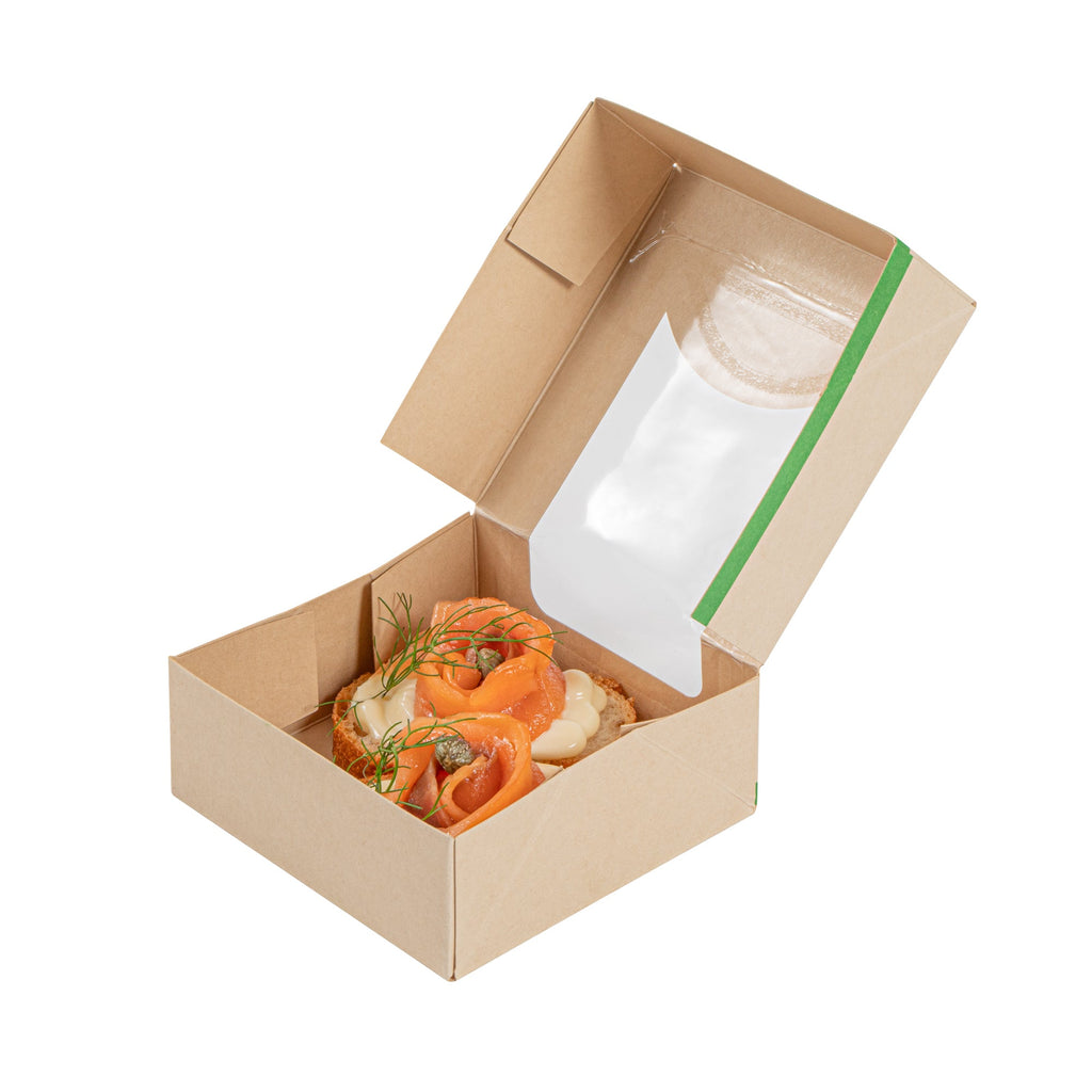 Sustain 11 oz Bamboo Paper Small Take Out Container - with PLA Lining and Window, Compostable - 4" x 4" x 1 1/2" - 50 count box