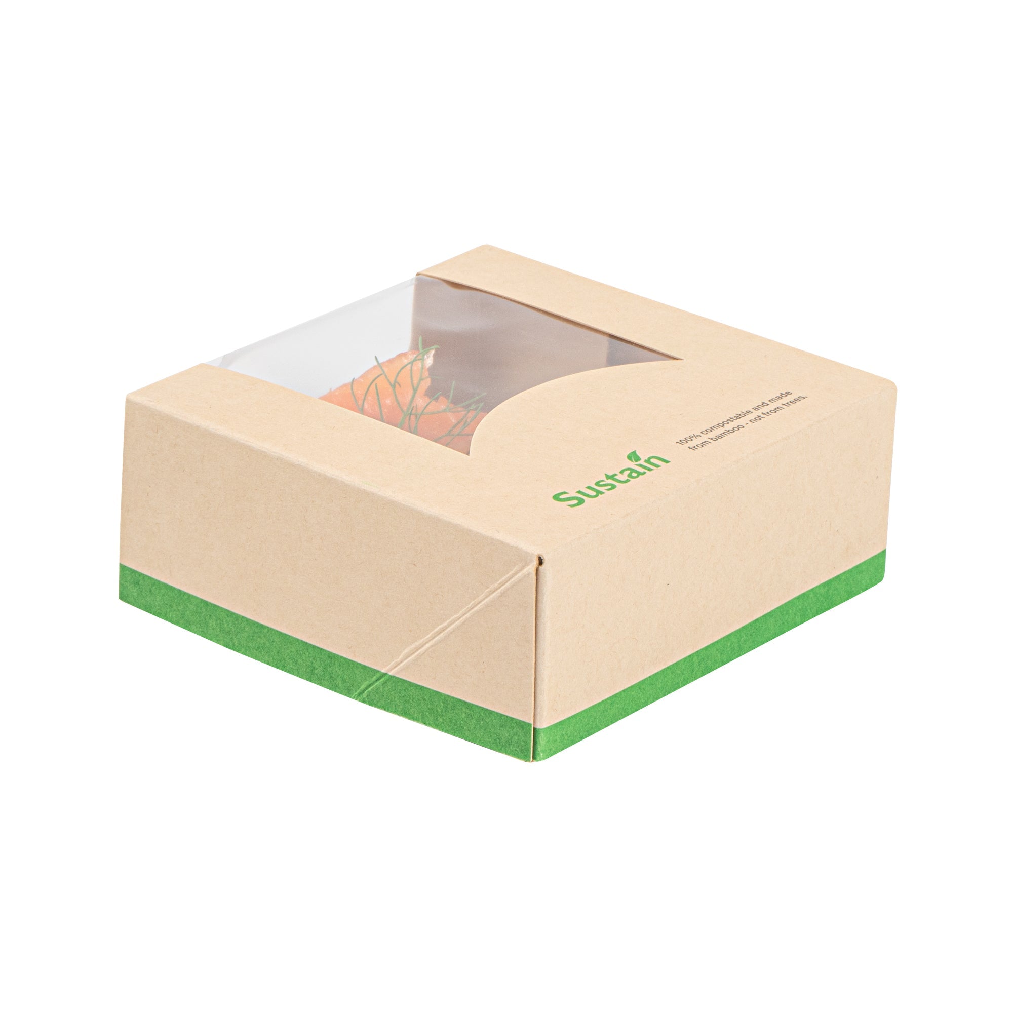 Sustain 11 oz Bamboo Paper Small Take Out Container - with PLA Lining and Window, Compostable - 4" x 4" x 1 1/2" - 50 count box
