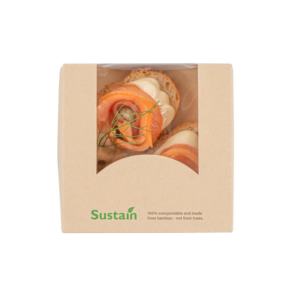 Sustain 11 oz Bamboo Paper Small Take Out Container - with PLA Lining and Window, Compostable - 4" x 4" x 1 1/2" - 50 count box