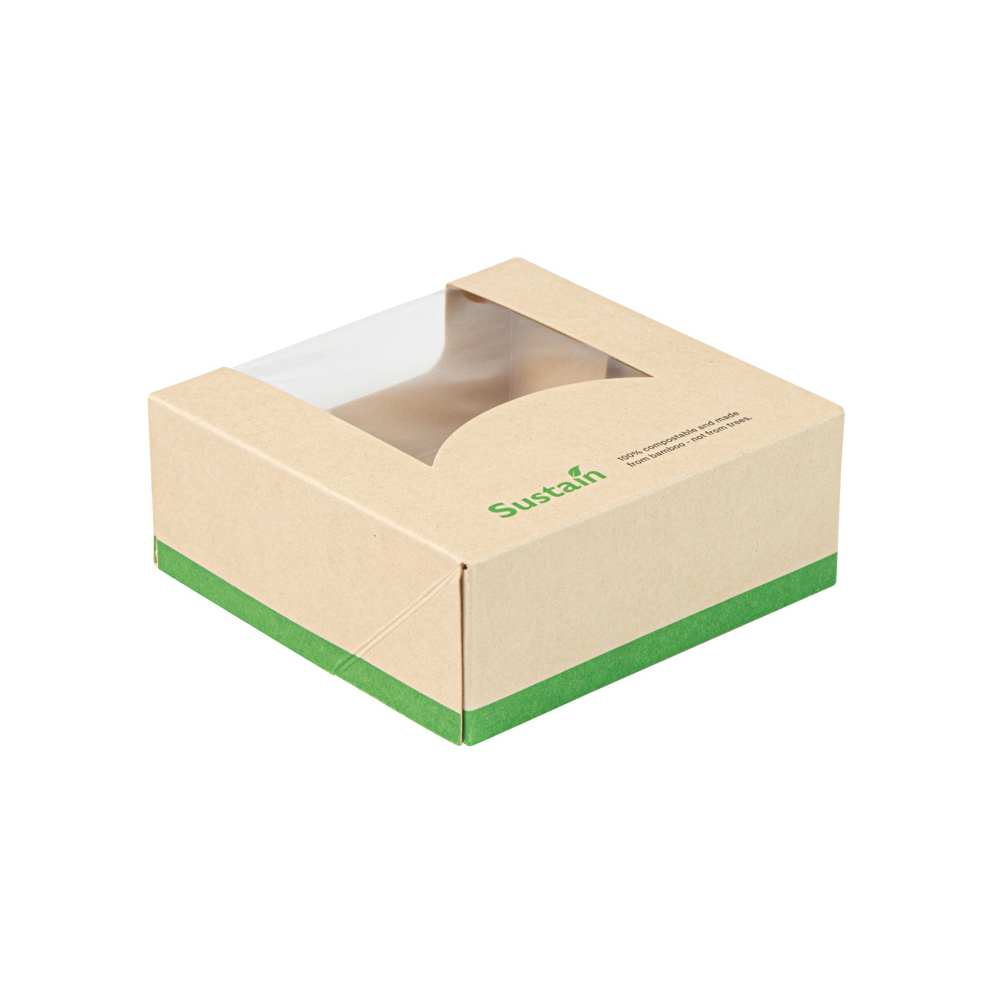 Sustain 11 oz Bamboo Paper Small Take Out Container - with PLA Lining and Window, Compostable - 4" x 4" x 1 1/2" - 50 count box