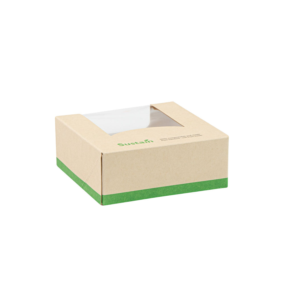 Sustain 11 oz Bamboo Paper Small Take Out Container - with PLA Lining and Window, Compostable - 4" x 4" x 1 1/2" - 50 count box