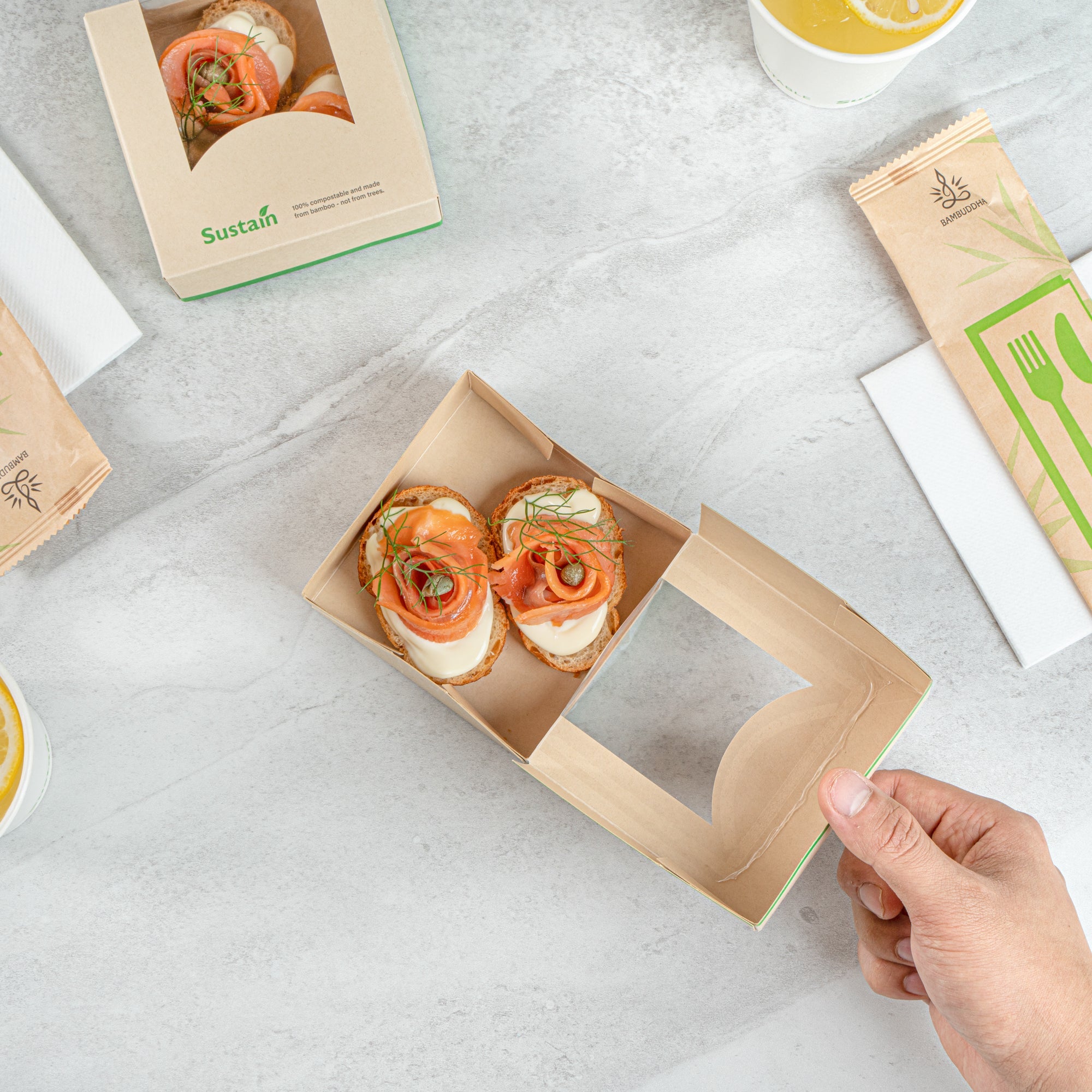 Sustain 11 oz Bamboo Paper Small Take Out Container - with PLA Lining and Window, Compostable - 4" x 4" x 1 1/2" - 50 count box