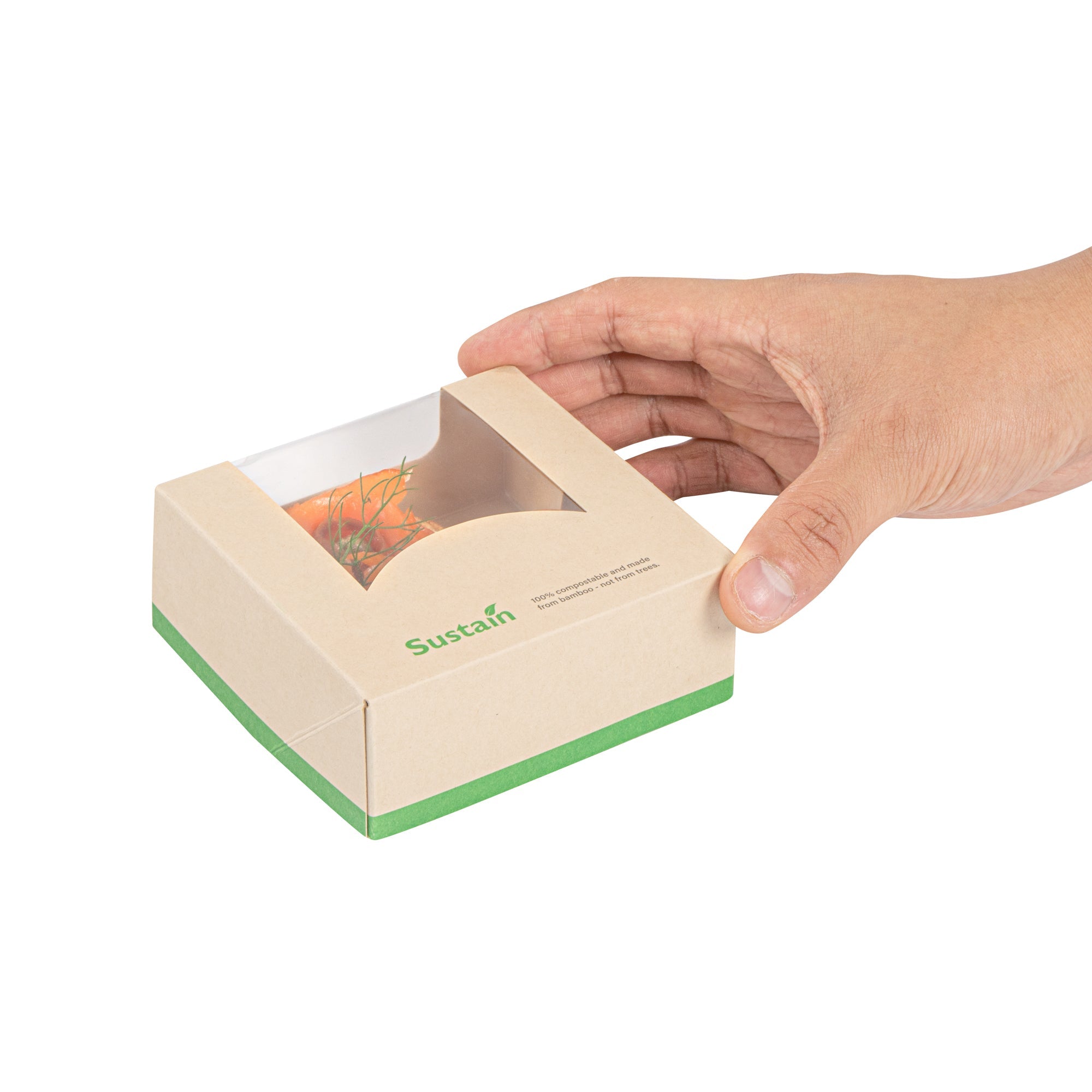 Sustain 11 oz Bamboo Paper Small Take Out Container - with PLA Lining and Window, Compostable - 4" x 4" x 1 1/2" - 200 count box