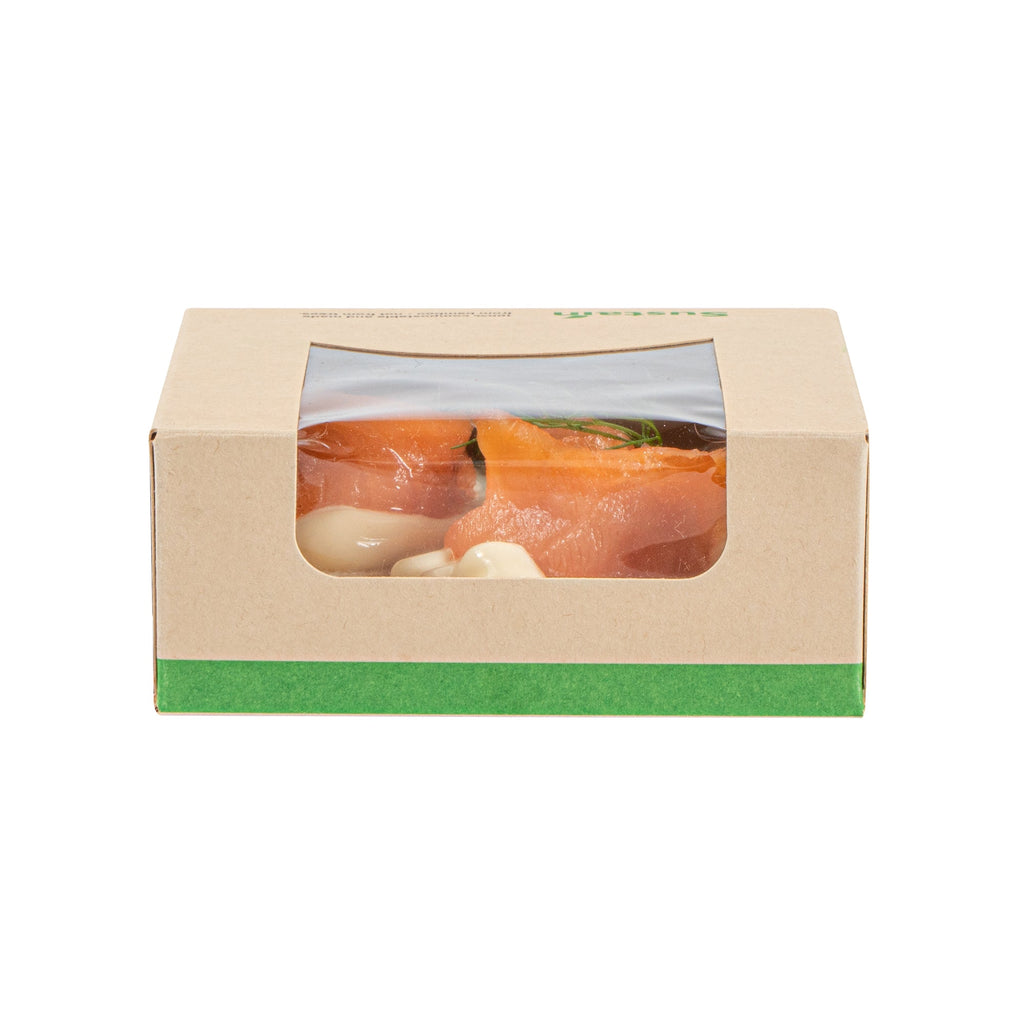 Sustain 11 oz Bamboo Paper Small Take Out Container - with PLA Lining and Window, Compostable - 4" x 4" x 1 1/2" - 200 count box