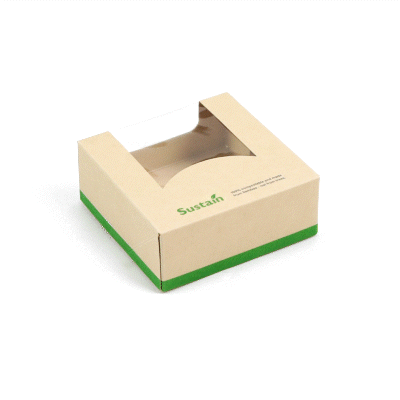 Sustain 11 oz Bamboo Paper Small Take Out Container - with PLA Lining and Window, Compostable - 4" x 4" x 1 1/2" - 200 count box