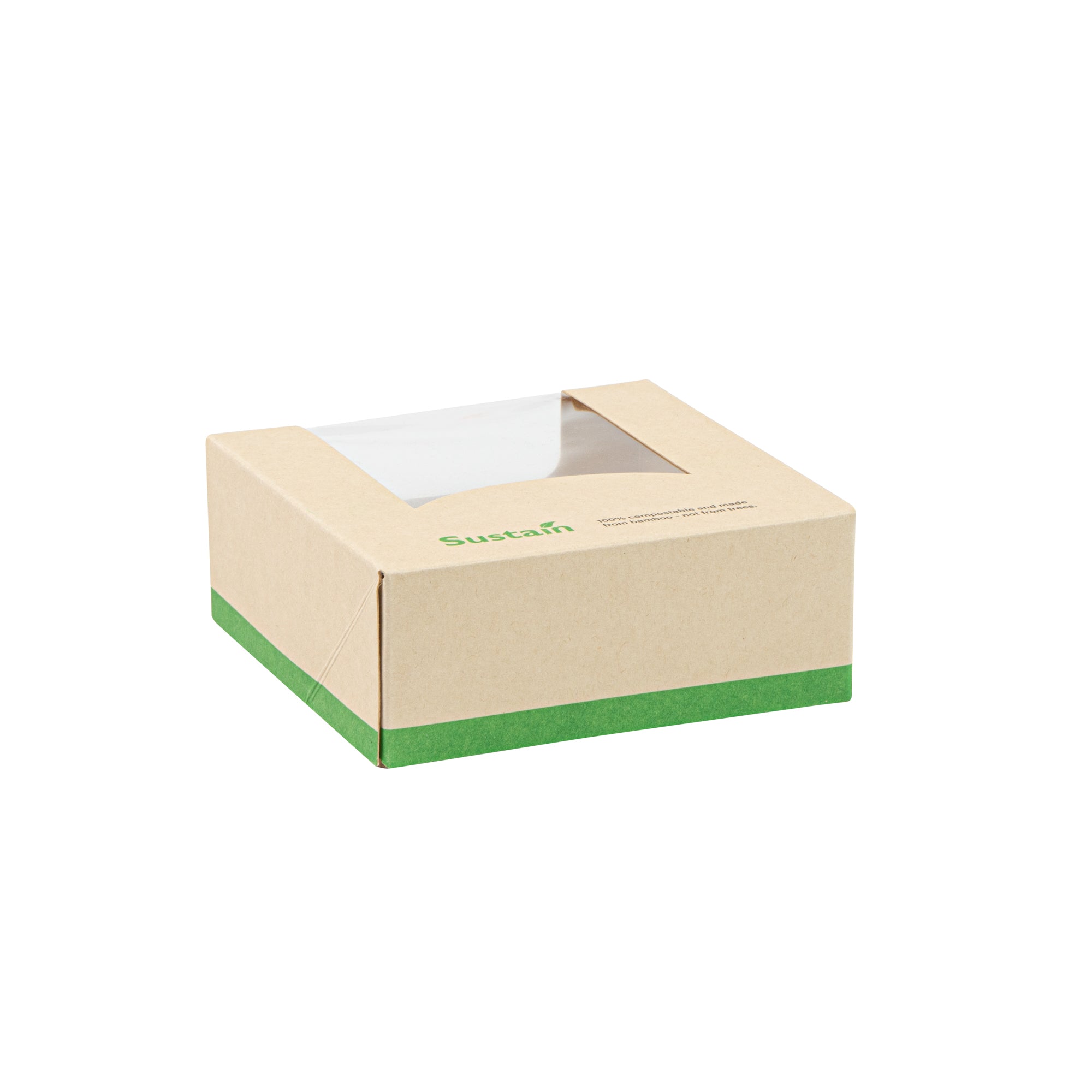 Sustain 11 oz Bamboo Paper Small Take Out Container - with PLA Lining and Window, Compostable - 4" x 4" x 1 1/2" - 200 count box