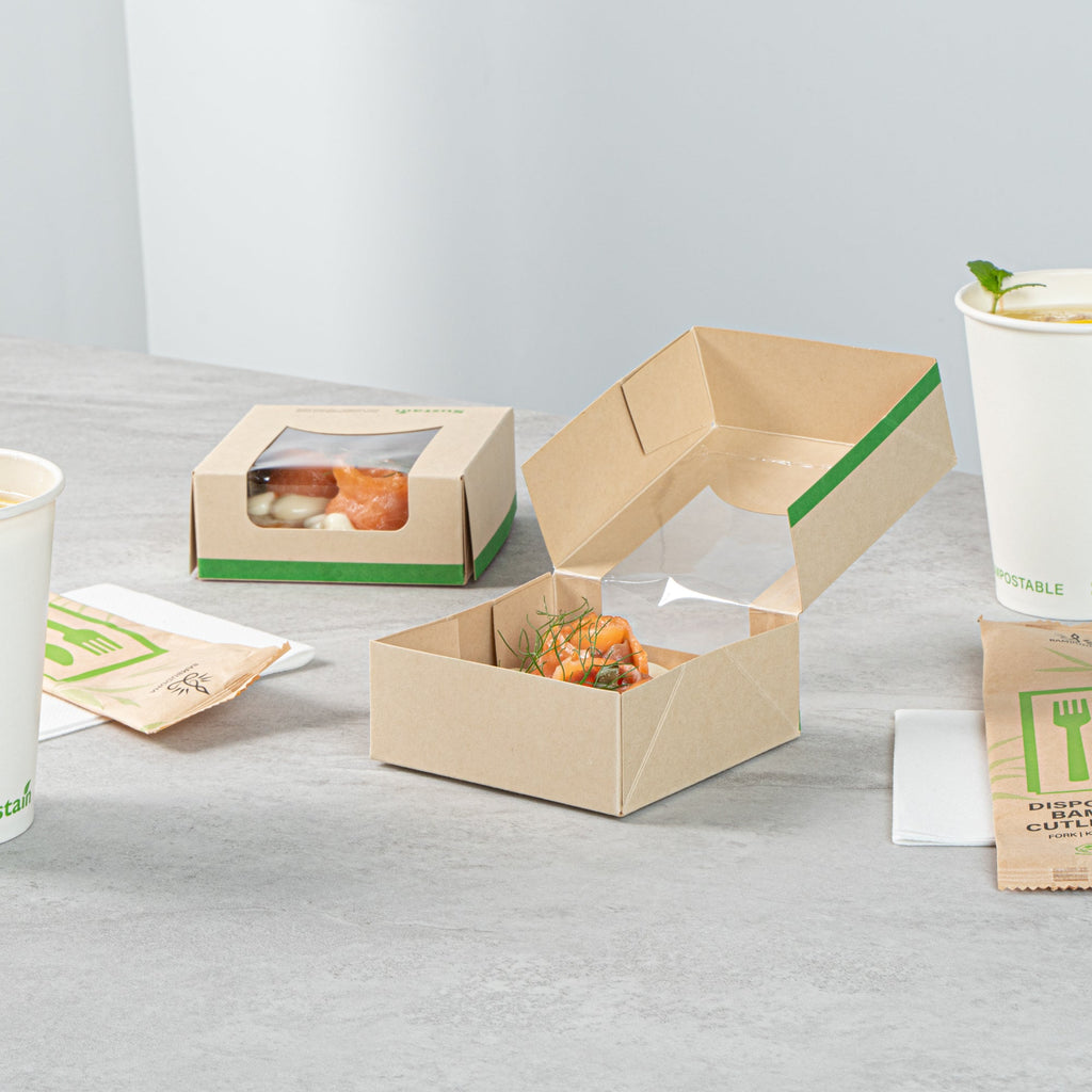 Sustain 11 oz Bamboo Paper Small Take Out Container - with PLA Lining and Window, Compostable - 4" x 4" x 1 1/2" - 200 count box