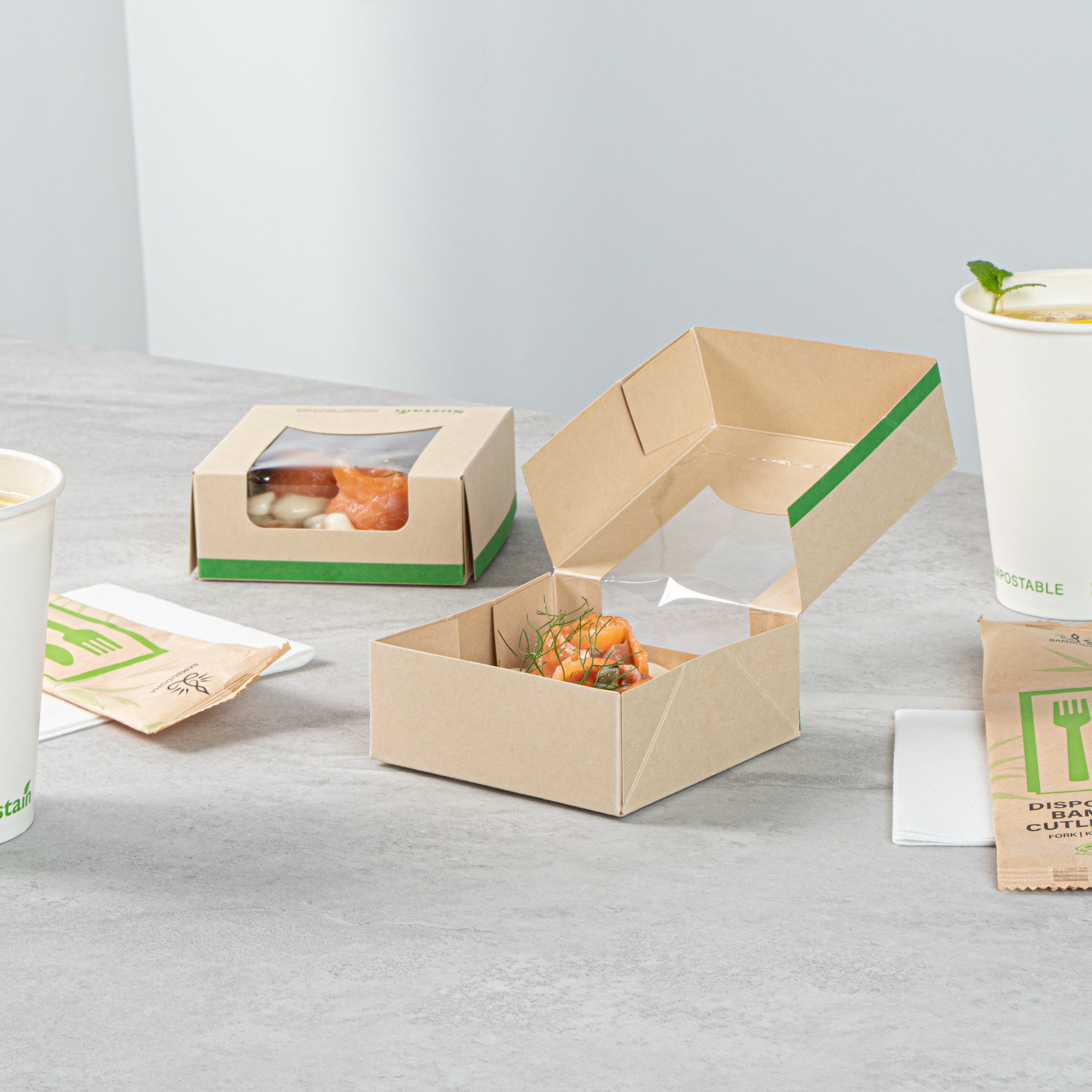 Sustain 11 oz Bamboo Paper Small Take Out Container - with PLA Lining and Window, Compostable - 4" x 4" x 1 1/2" - 200 count box