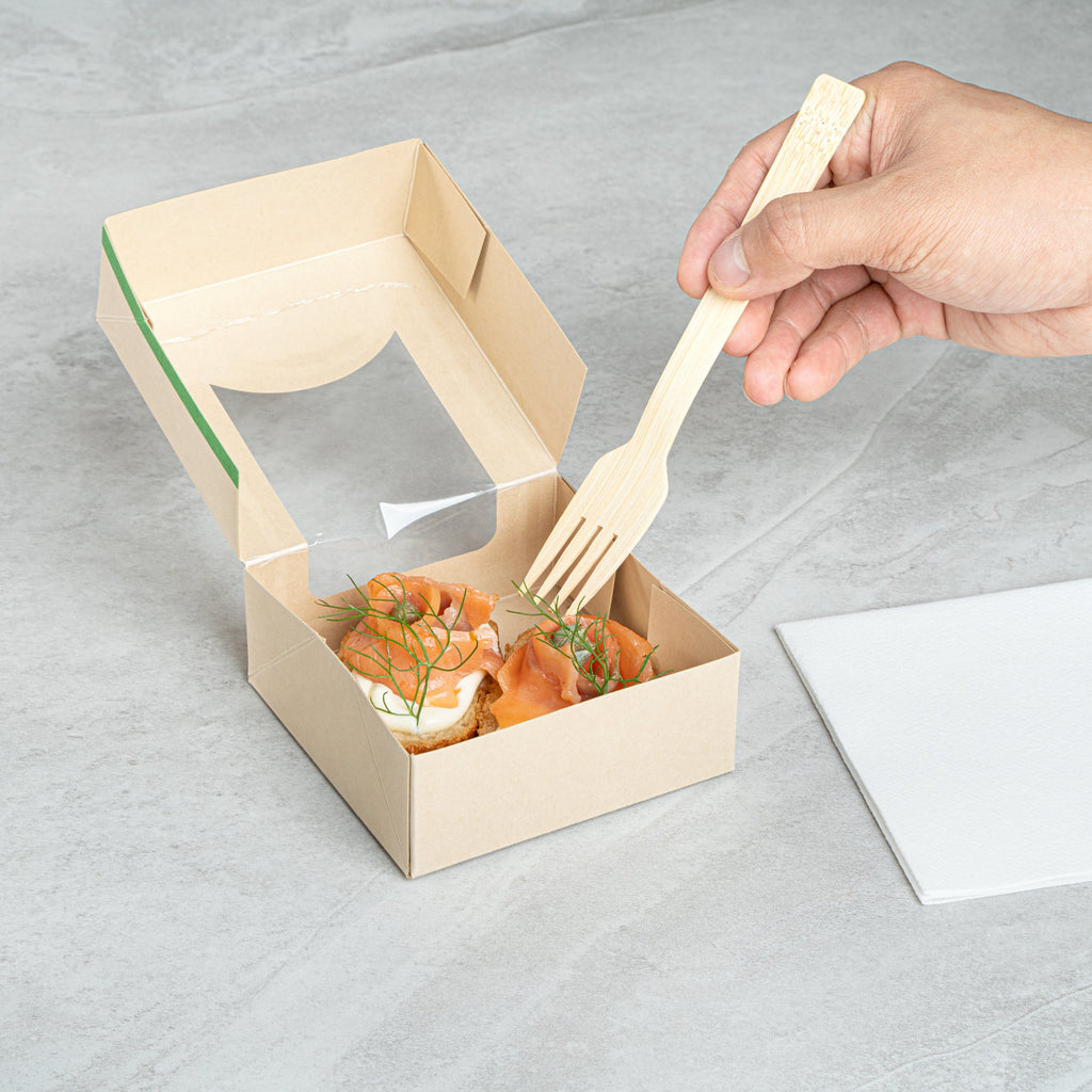 Sustain 11 oz Bamboo Paper Small Take Out Container - with PLA Lining and Window, Compostable - 4" x 4" x 1 1/2" - 200 count box