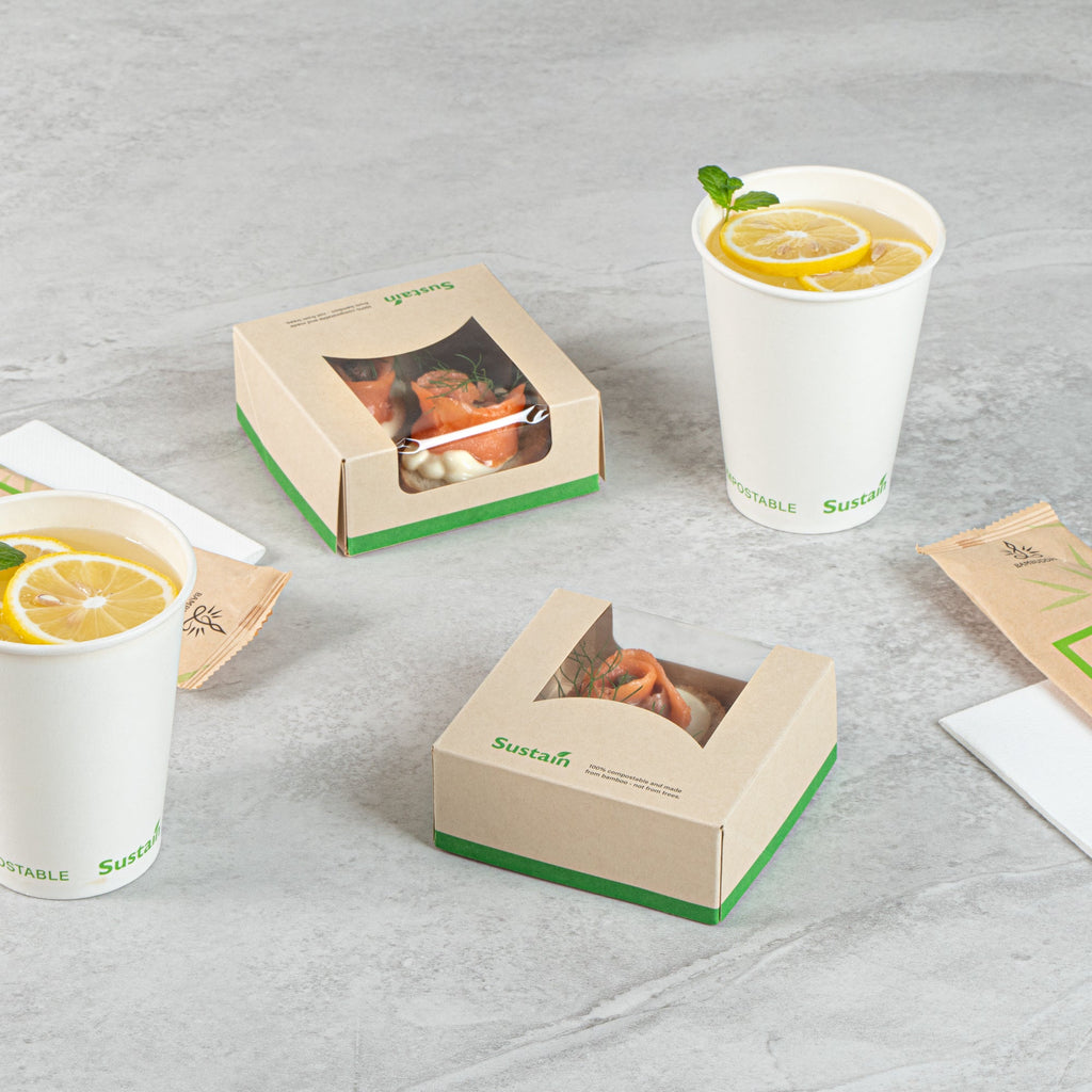 Sustain 11 oz Bamboo Paper Small Take Out Container - with PLA Lining and Window, Compostable - 4" x 4" x 1 1/2" - 200 count box