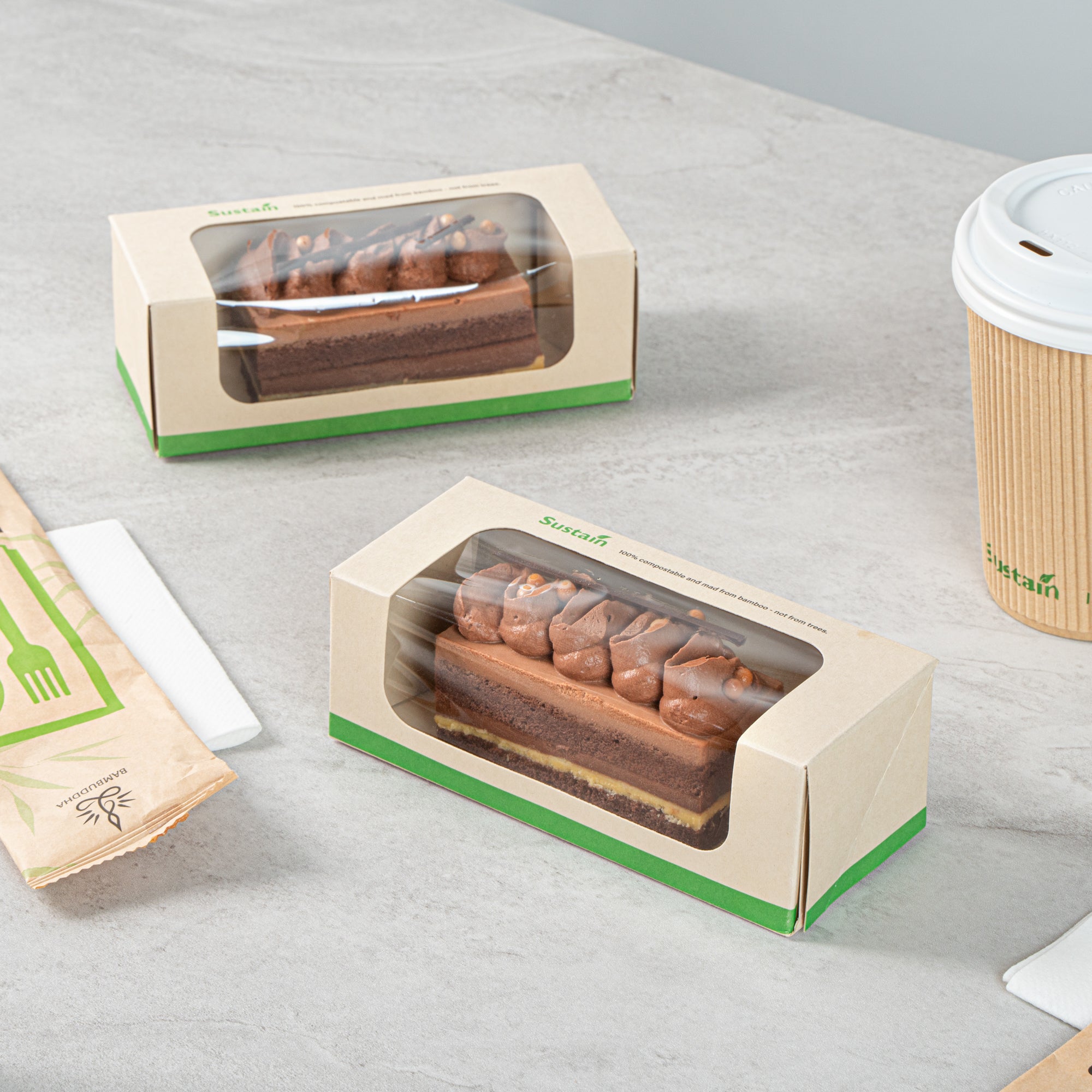 Sustain 13 oz Bamboo Paper Small Take Out Container - with PLA Lining and Window, Compostable - 6" x 2 1/2" x 2" - 200 count box