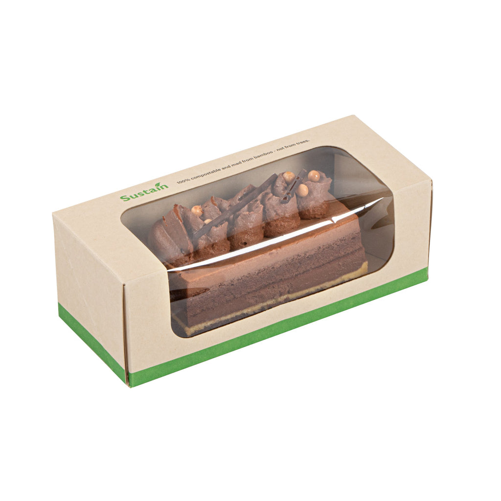 Sustain 13 oz Bamboo Paper Small Take Out Container - with PLA Lining and Window, Compostable - 6" x 2 1/2" x 2" - 50 count box