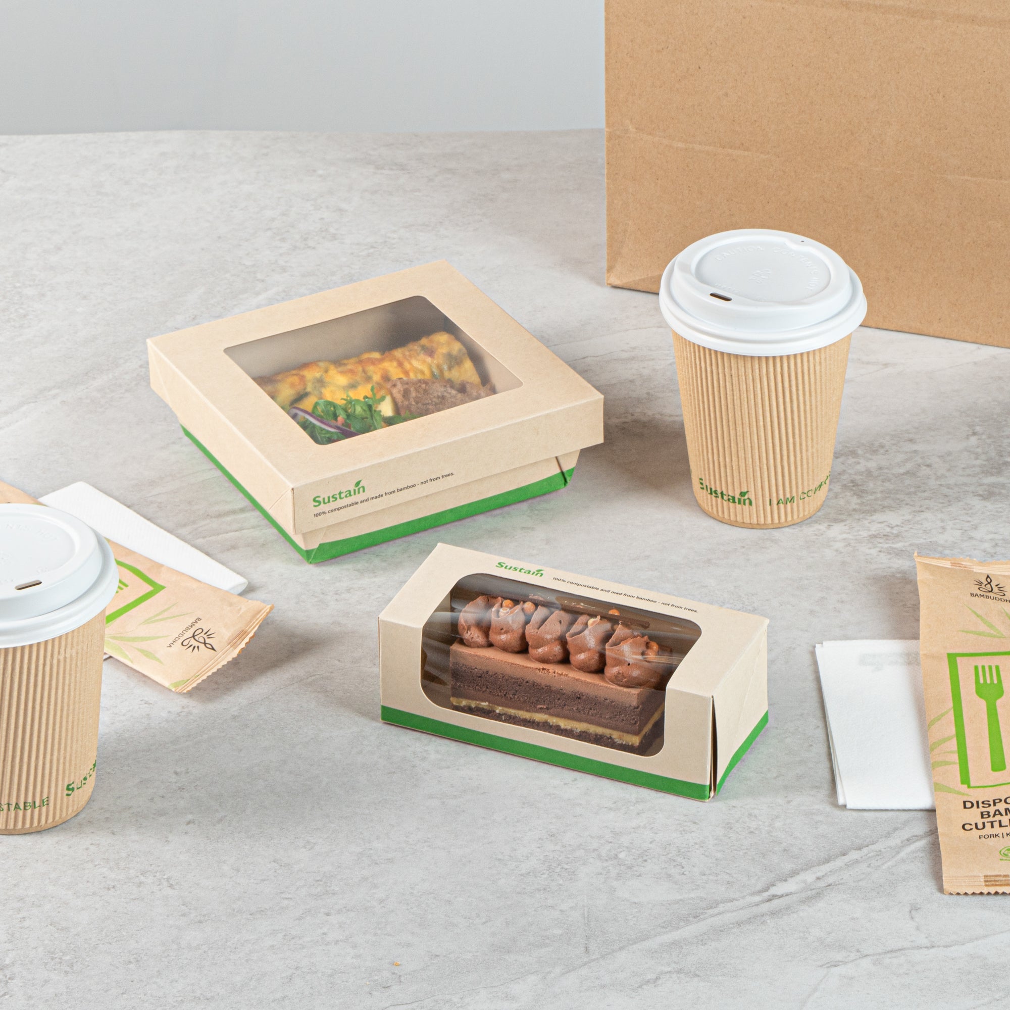 Sustain 13 oz Bamboo Paper Small Take Out Container - with PLA Lining and Window, Compostable - 6" x 2 1/2" x 2" - 200 count box