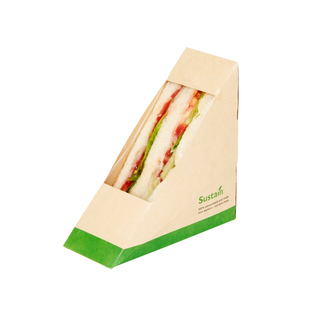 Sustain Bamboo Paper Small Sandwich Box - with PLA Lining and Window, Compostable - 4 3/4" x 4 3/4" x 2" - 50 count box