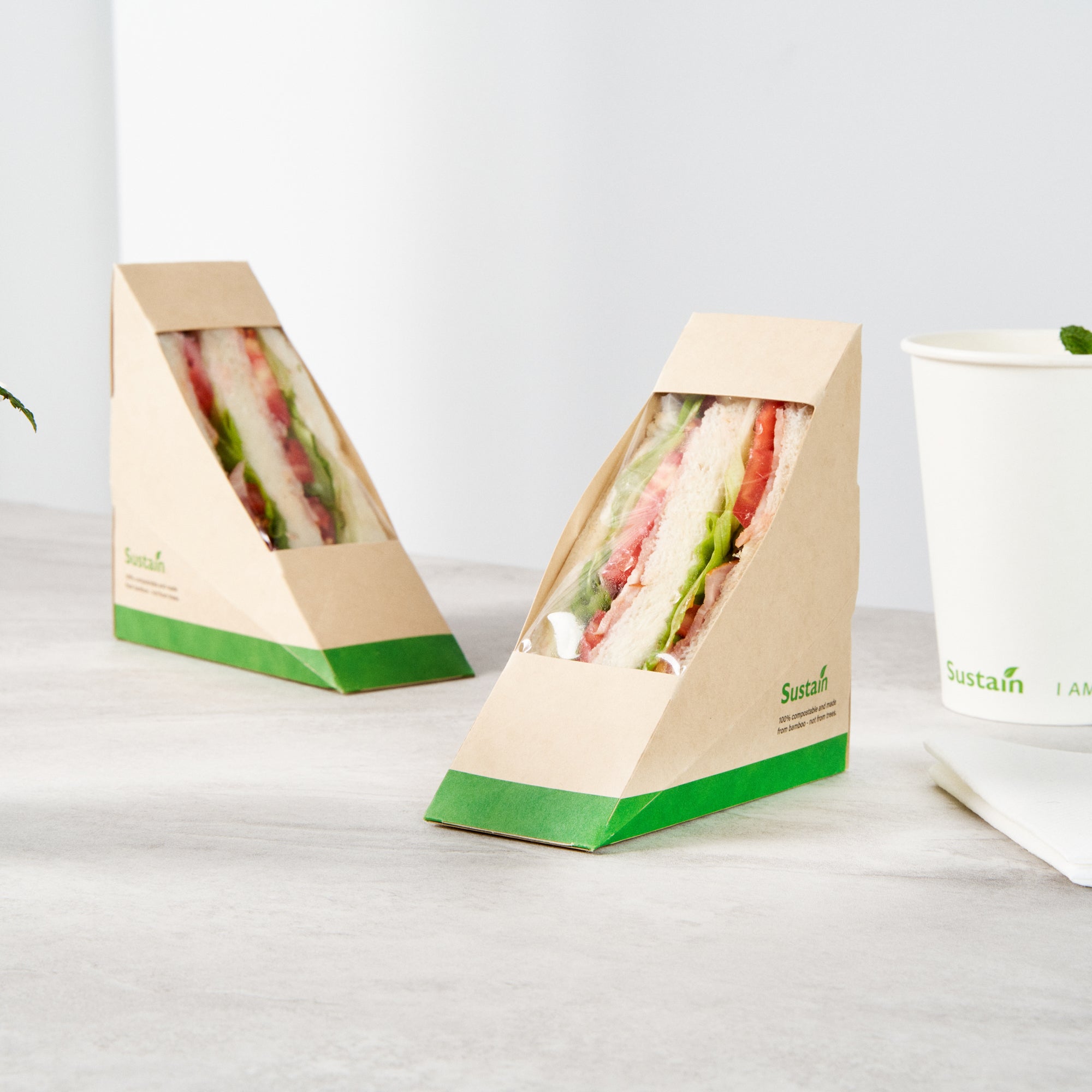 Sustain Bamboo Paper Small Sandwich Box - with PLA Lining and Window, Compostable - 4 3/4" x 4 3/4" x 2" - 50 count box