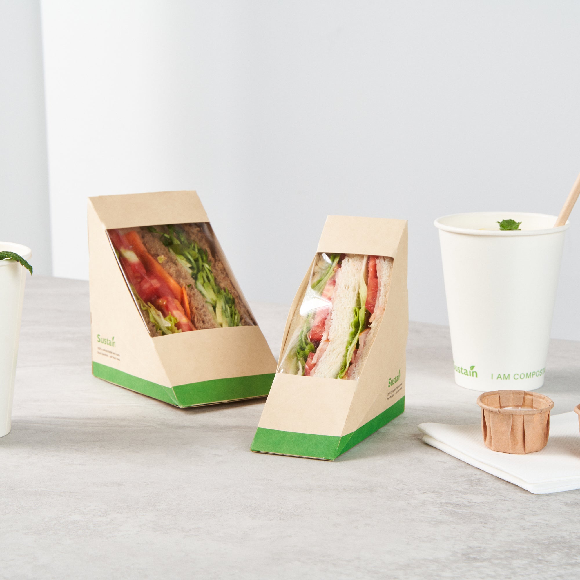 Sustain Bamboo Paper Small Sandwich Box - with PLA Lining and Window, Compostable - 4 3/4" x 4 3/4" x 2" - 50 count box