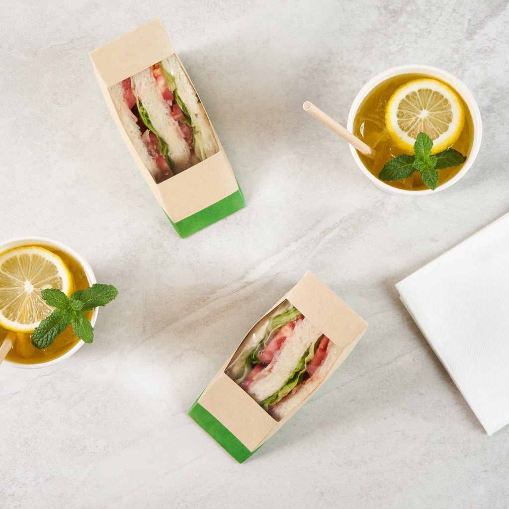 Sustain Bamboo Paper Small Sandwich Box - with PLA Lining and Window, Compostable - 4 3/4" x 4 3/4" x 2" - 50 count box