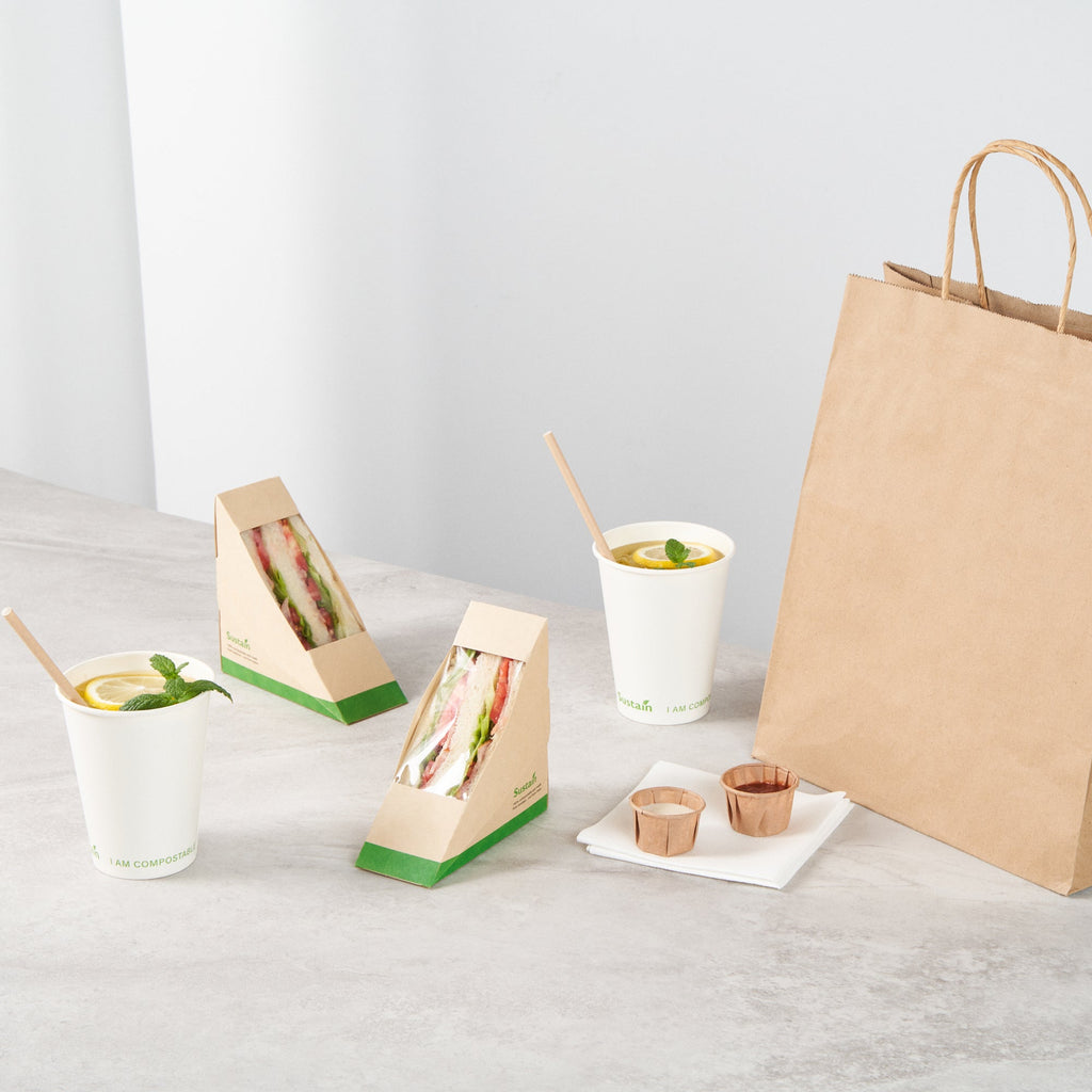 Sustain Bamboo Paper Small Sandwich Box - with PLA Lining and Window, Compostable - 4 3/4" x 4 3/4" x 2" - 200 count box