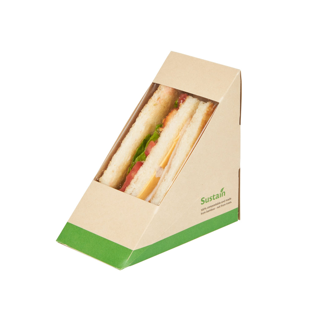 Sustain Bamboo Paper Medium Sandwich Box - with PLA Lining and Window, Compostable - 4 3/4" x 4 3/4" x 2 3/4" - 25 count box
