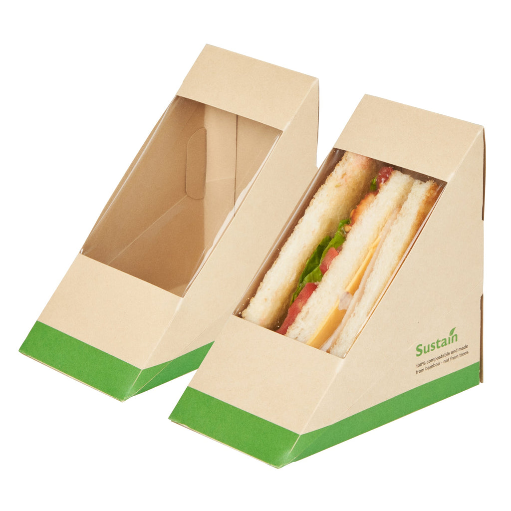 Sustain Bamboo Paper Medium Sandwich Box - with PLA Lining and Window, Compostable - 4 3/4" x 4 3/4" x 2 3/4" - 25 count box
