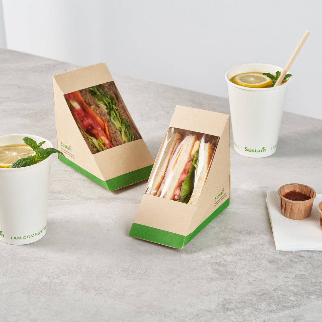 Sustain Bamboo Paper Medium Sandwich Box - with PLA Lining and Window, Compostable - 4 3/4" x 4 3/4" x 2 3/4" - 25 count box