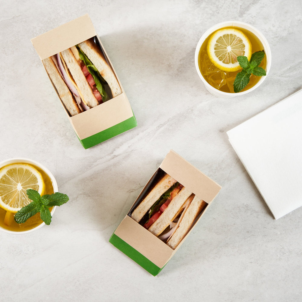 Sustain Bamboo Paper Medium Sandwich Box - with PLA Lining and Window, Compostable - 4 3/4" x 4 3/4" x 2 3/4" - 25 count box