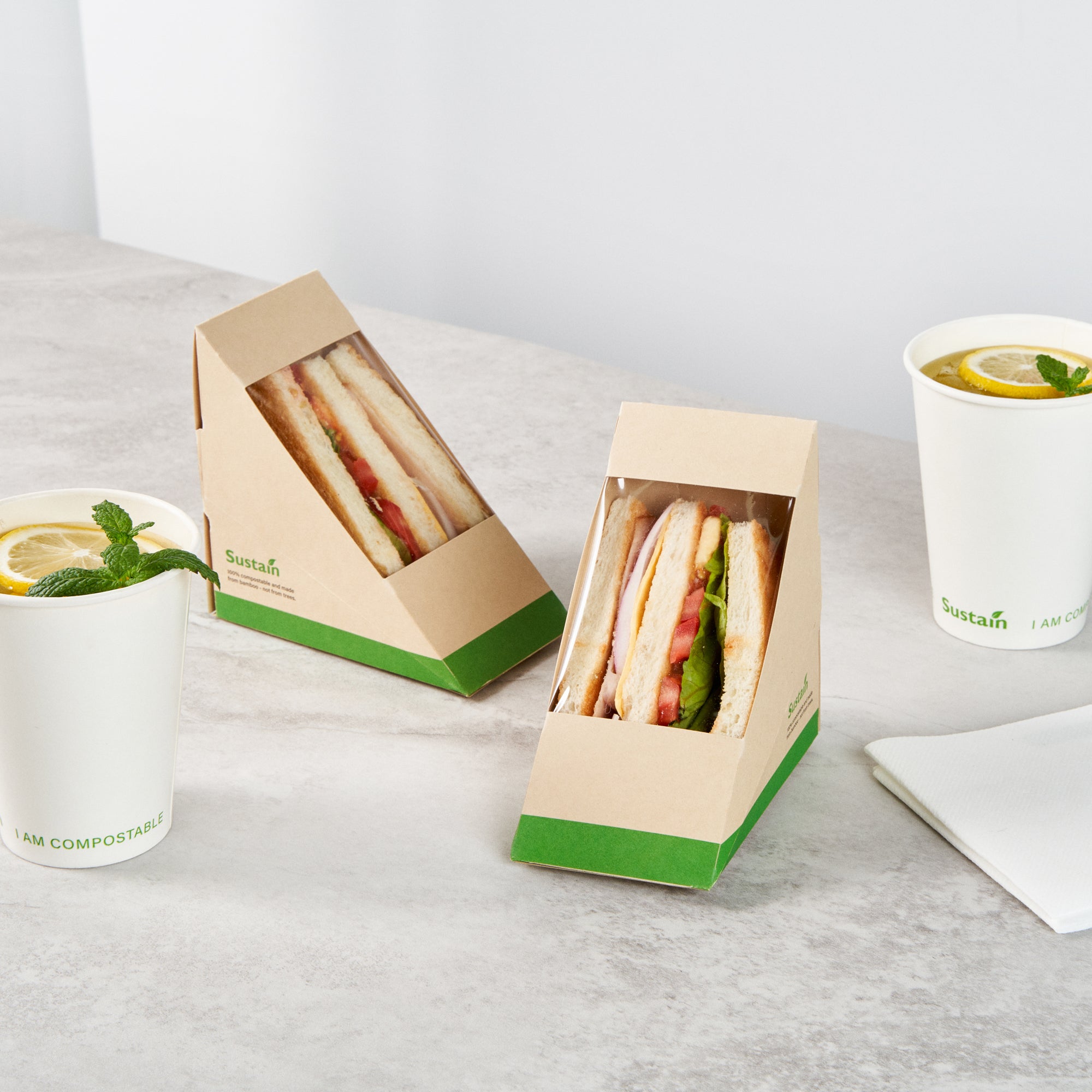Sustain Bamboo Paper Medium Sandwich Box - with PLA Lining and Window, Compostable - 4 3/4" x 4 3/4" x 2 3/4" - 200 count box