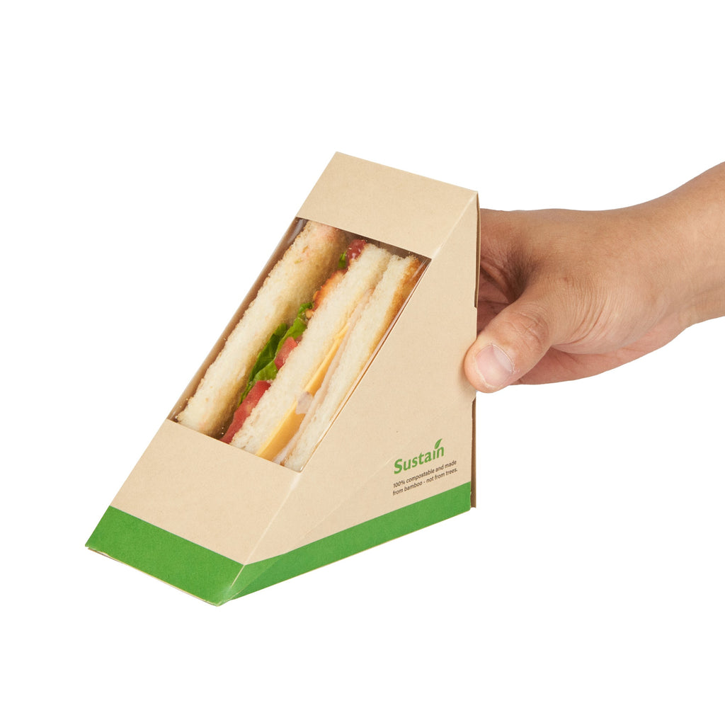 Sustain Bamboo Paper Medium Sandwich Box - with PLA Lining and Window, Compostable - 4 3/4" x 4 3/4" x 2 3/4" - 200 count box
