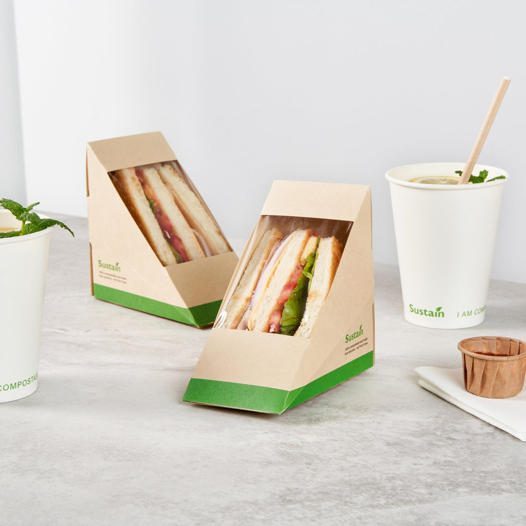 Sustain Bamboo Paper Medium Sandwich Box - with PLA Lining and Window, Compostable - 4 3/4" x 4 3/4" x 2 3/4" - 200 count box