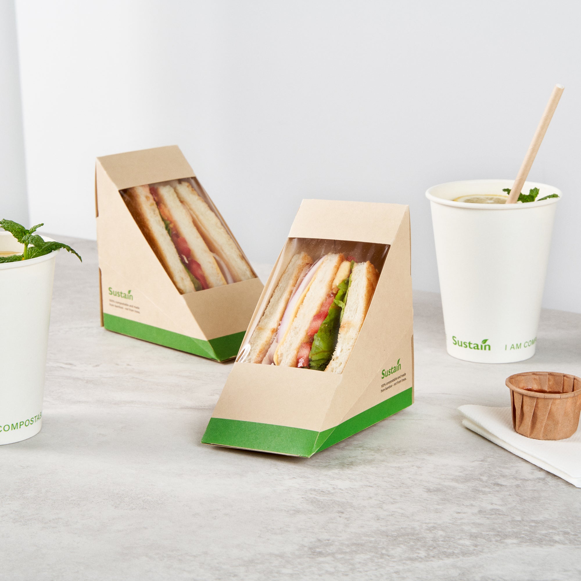 Sustain Bamboo Paper Medium Sandwich Box - with PLA Lining and Window, Compostable - 4 3/4" x 4 3/4" x 2 3/4" - 200 count box