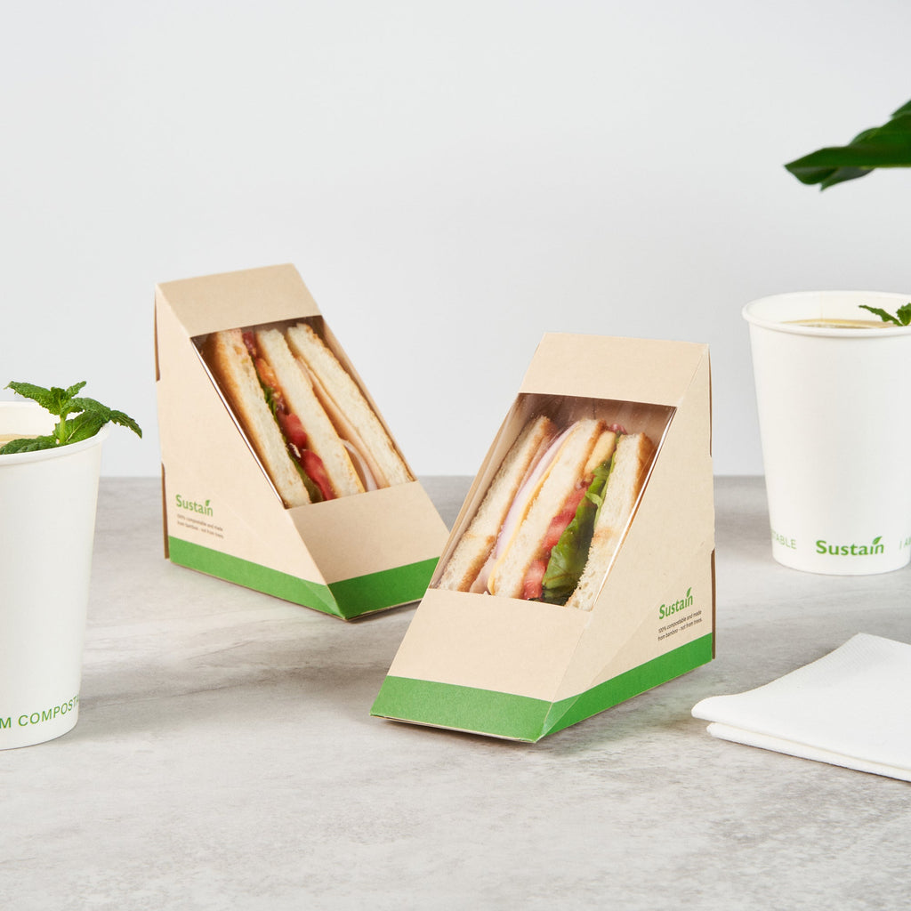 Sustain Bamboo Paper Medium Sandwich Box - with PLA Lining and Window, Compostable - 4 3/4" x 4 3/4" x 2 3/4" - 200 count box