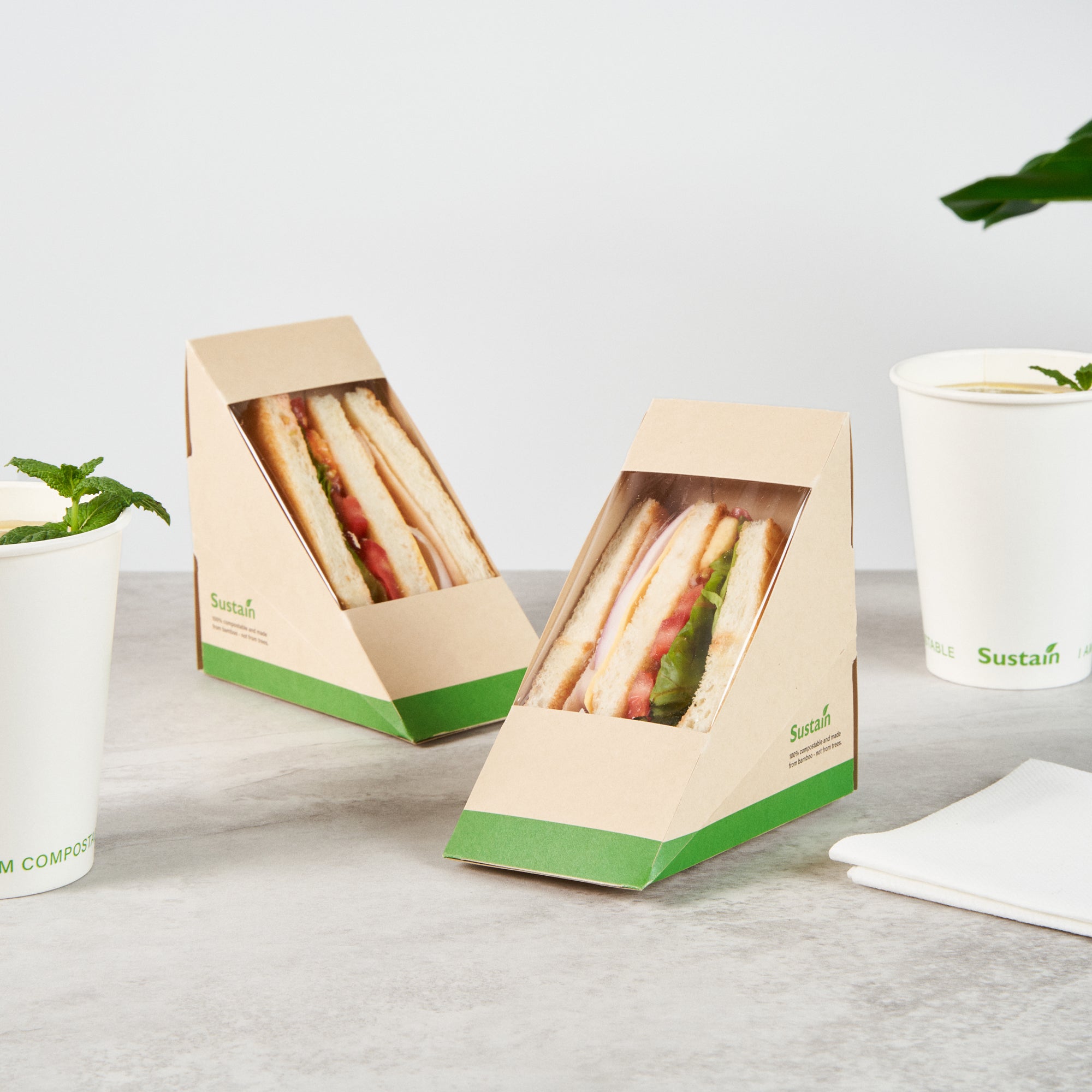 Sustain Bamboo Paper Medium Sandwich Box - with PLA Lining and Window, Compostable - 4 3/4" x 4 3/4" x 2 3/4" - 200 count box