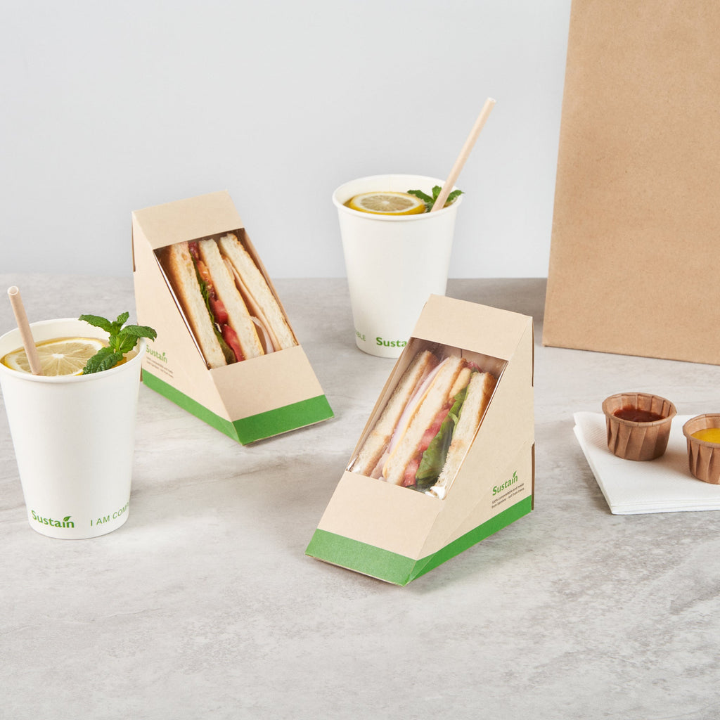 Sustain Bamboo Paper Medium Sandwich Box - with PLA Lining and Window, Compostable - 4 3/4" x 4 3/4" x 2 3/4" - 200 count box