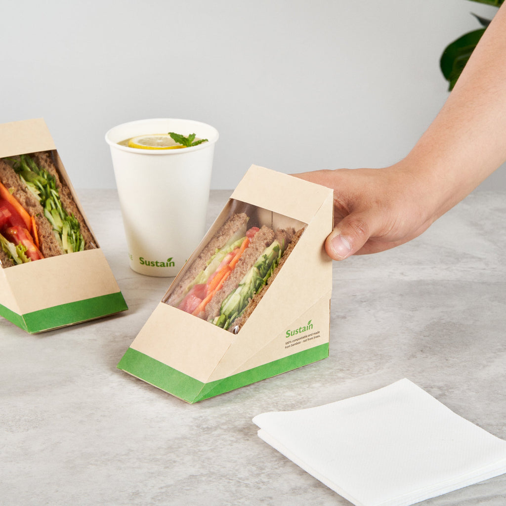 Sustain Bamboo Paper Large Sandwich Box - with PLA Lining and Window, Compostable - 4 3/4" x 4 3/4" x 3 1/4" - 200 count box