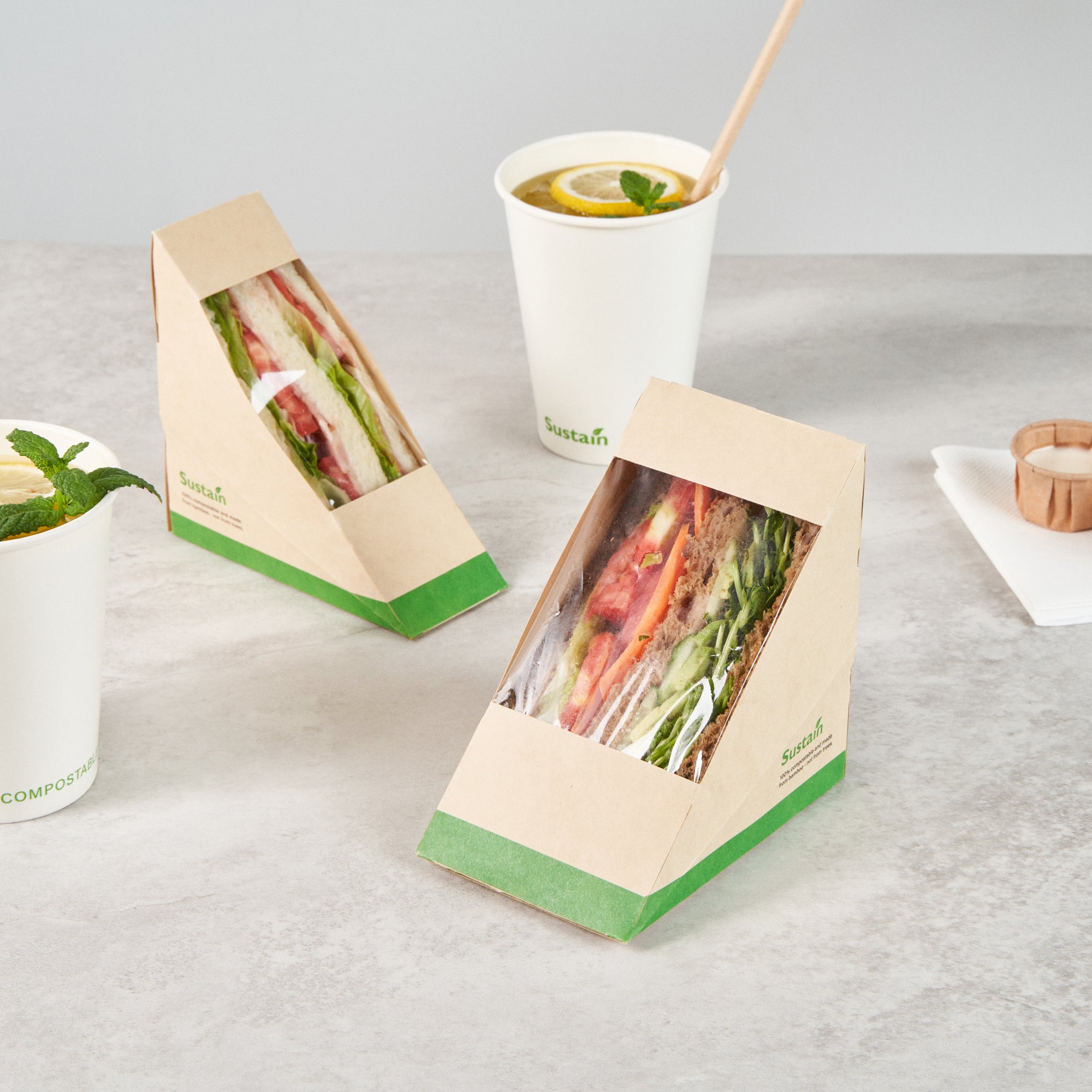 Sustain Bamboo Paper Large Sandwich Box - with PLA Lining and Window, Compostable - 4 3/4" x 4 3/4" x 3 1/4" - 200 count box