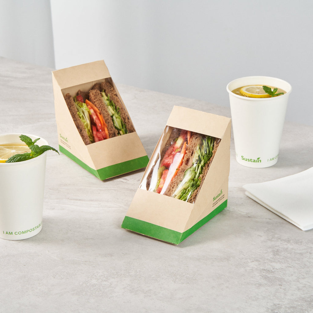 Sustain Bamboo Paper Large Sandwich Box - with PLA Lining and Window, Compostable - 4 3/4" x 4 3/4" x 3 1/4" - 200 count box