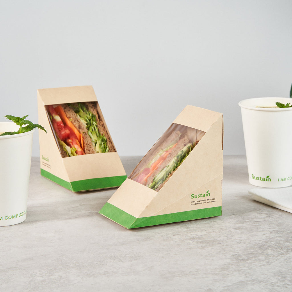 Sustain Bamboo Paper Large Sandwich Box - with PLA Lining and Window, Compostable - 4 3/4" x 4 3/4" x 3 1/4" - 200 count box