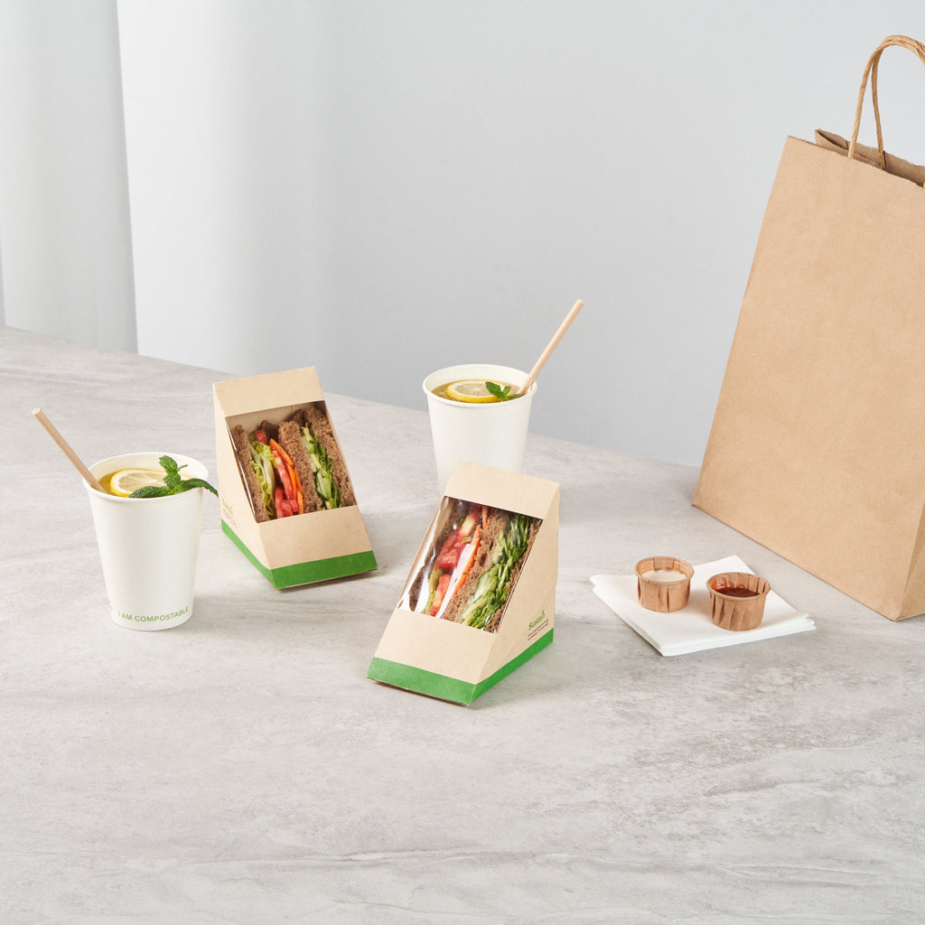 Sustain Bamboo Paper Large Sandwich Box - with PLA Lining and Window, Compostable - 4 3/4" x 4 3/4" x 3 1/4" - 200 count box