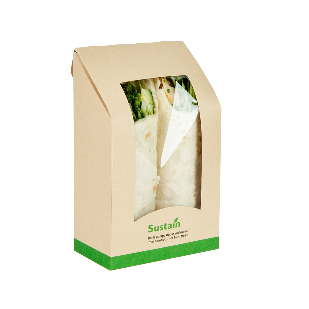 Sustain Bamboo Paper Sandwich / Wrap Take Out Container - with PLA Lining and Window, Compostable - 6" x 3 3/4" x 2" - 50 count box