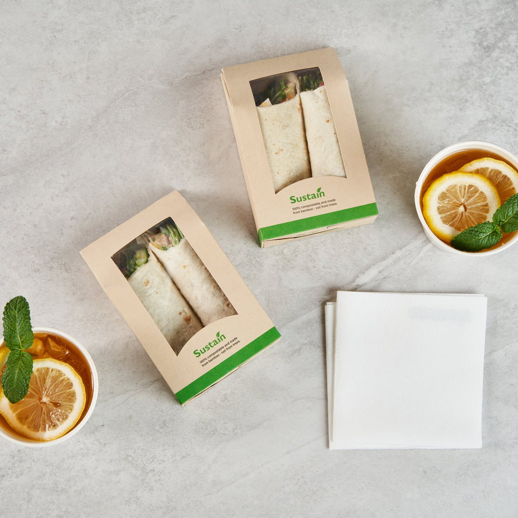 Sustain Bamboo Paper Sandwich / Wrap Take Out Container - with PLA Lining and Window, Compostable - 6" x 3 3/4" x 2" - 50 count box