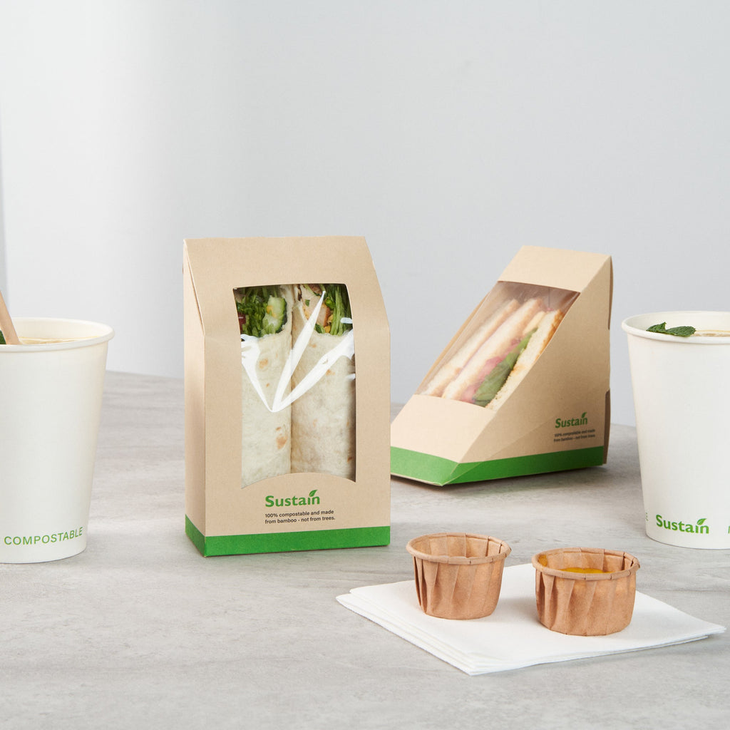 Sustain Bamboo Paper Sandwich / Wrap Take Out Container - with PLA Lining and Window, Compostable - 6" x 3 3/4" x 2" - 200 count box