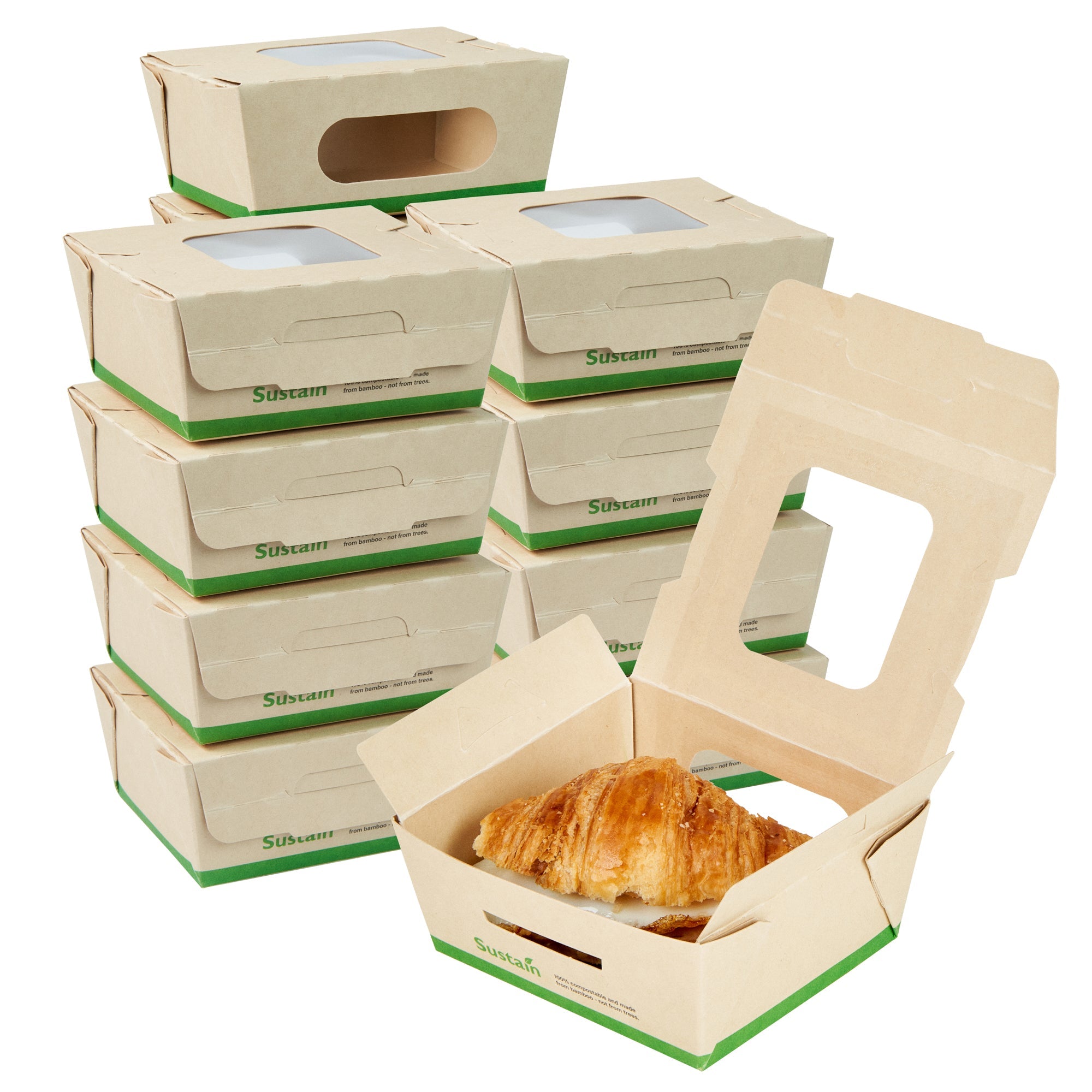 Sustain 12 oz Bamboo Paper Mini Bio Take Out Container - with PLA Lining and Windows, Compostable - 4 1/4" x 3 3/4" x 1 3/4" - 50 count box